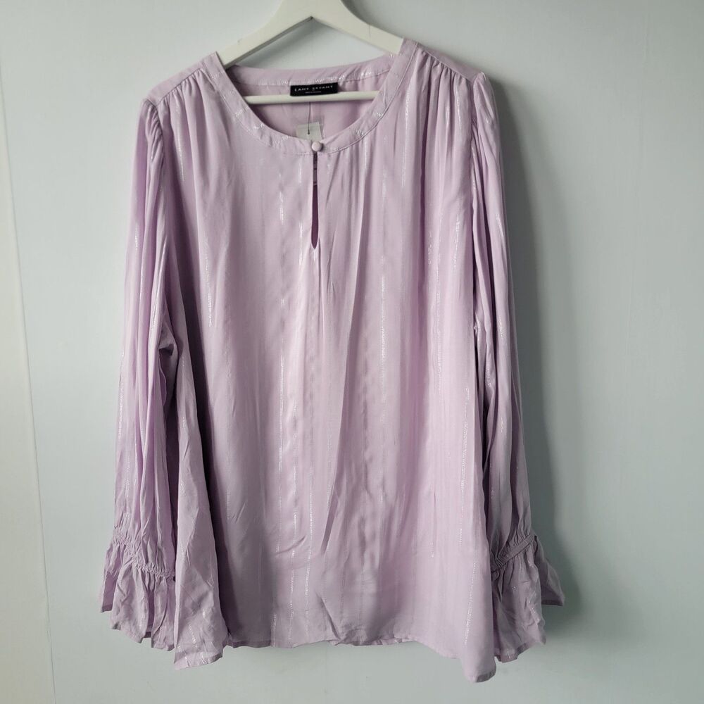 Lane Bryant womens Top sz 20 Purple Metallic Silver Stripe Long Sleeve Keyhole